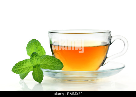 tea in glass cup with green mint Stock Photo