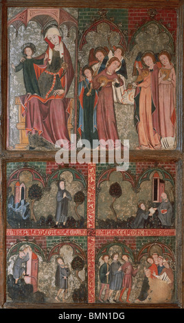 Altarpiece of San Millan de la Cogolla. Detail depicting scenes from the life of San Millan and Virgin. Spain. Stock Photo