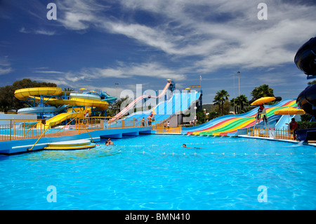 Waterslides, Aquamar Water Park, Platja d’en Bossa, Ibiza, Balearic Islands, Spain Stock Photo