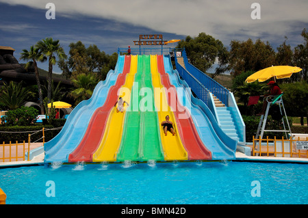 Waterslides, Aquamar Water Park, Platja d’en Bossa, Ibiza, Balearic Islands, Spain Stock Photo