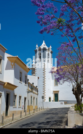 Portugal, the Algarve, Estoi village church with jacaranda trees in flower Stock Photo