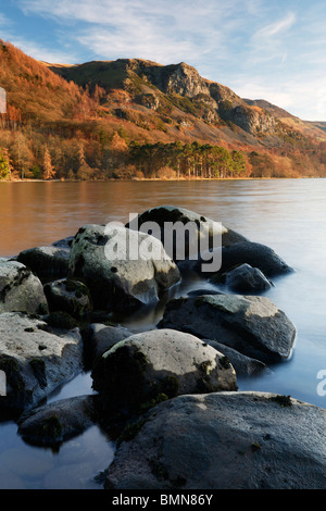 View of Falcon Crag across Derwent Water near Keswick in the Lake District of England Stock Photo