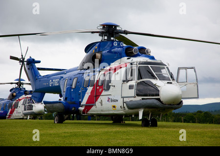 Two EC 225 Helicopters, Super Puma Mk II,  Bristow Aircraft, Aberdeenshire, Scotland, UK Stock Photo