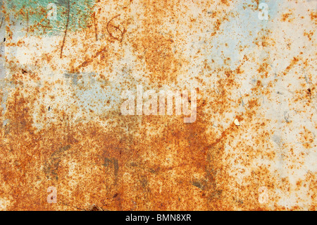 Rusty metal surface with peeled paint and etched numbers. Abstract background texture. Stock Photo