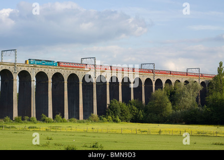 Class 55 Deltic number 55022 'Royal Scots Grey' hauling an enthusiast rail tour crossing over Welwyn Viaduct. Stock Photo