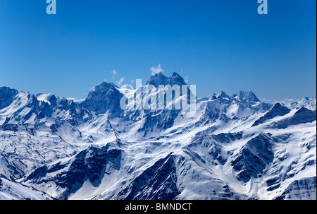 Mt. Ushba on bright sun, Caucasus Mountains, Russia Stock Photo