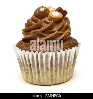 Luxury Chocolate Cup Cake from low perspective isolated against white background. Stock Photo