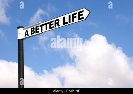 Concept image of a black and white signpost with the words A Better Life against a blue cloudy sky. Stock Photo
