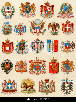 National coats of arms of selected countries, 1800s. Color lithograph Stock Photo