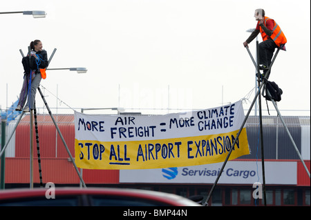 Protesters blockade Manchester Airport Freight Terminal Manchester UK against Airport Expansion and climate change damage Stock Photo