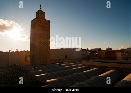 Hammam rooftop and Minaret of Okba, Oujda, Oriental region, Morocco. Stock Photo