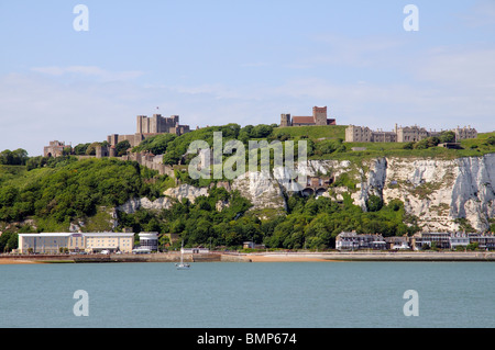 The White Cliffs of Dover Kent England UK Dover Castle & St Marys Castro church & Saxon Lighthouse on the cliff top Stock Photo