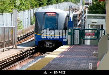 Canada, Vancouver,  Sky Train Arriving At Nanaimo Station In Suburban Vancouver Stock Photo