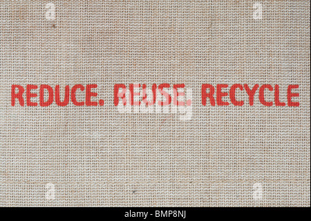 Recycle printed message on the side of a hessian shopping bag Stock Photo