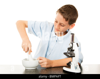 Boy in science class using mortar and pestle to grind. Isolated on white.  Stock Photo