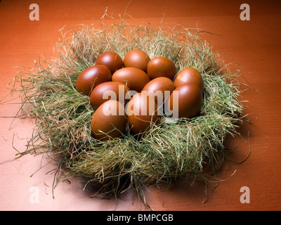 Naturally dyed easter eggs in the nest Stock Photo