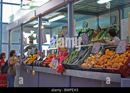 Fruit and veg stall in the indoor market, Malaga, Costa del Sol, Malaga Province, Andalucia, Spain, Western Europe. Stock Photo