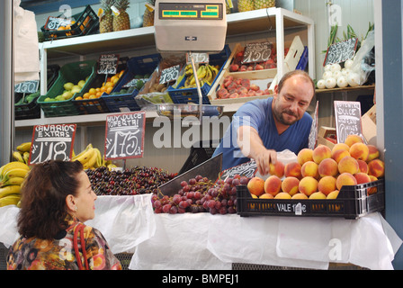 Fruit and veg stall in the indoor market, Malaga, Costa del Sol, Malaga Province, Andalucia, Spain, Western Europe. Stock Photo