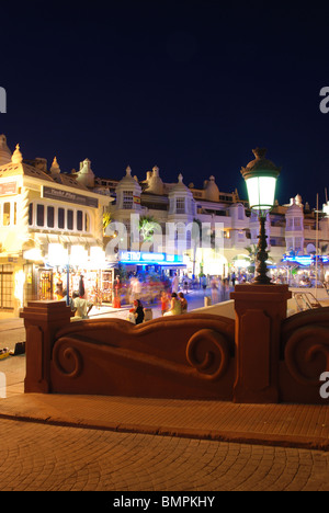 Bars and restaurants in the marina area at night, Benalmadena Costa, Costa del Sol, Malaga Province, Andalucia, Spain, Europe. Stock Photo