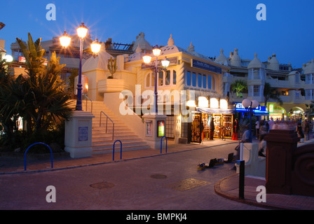 Bars and restaurants in the marina area at night, Benalmadena Costa, Costa del Sol, Malaga Province, Andalucia, Spain, Europe. Stock Photo