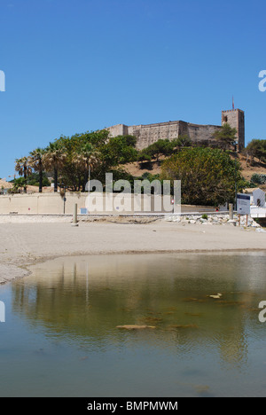 Sohail castle seen from the beach, Fuengirola, Costa del Sol, Malaga Province, Andalucia, Spain, Western Europe. Stock Photo
