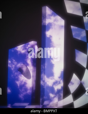 patterned board float against black background, checkered black and white squares Stock Photo
