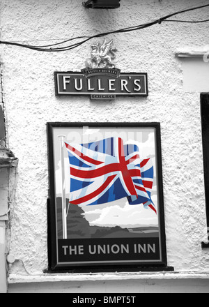 one pub sign with flag in rome italy Stock Photo - Alamy