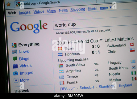 The Fifa World Cup results being searched for and displayed on the Google search engine Stock Photo