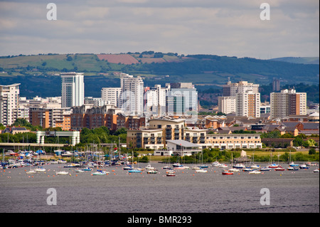View over Cardiff Bay and city centre showing apartment developments South Wales UK Stock Photo