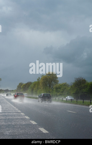 traffic on the A40 in Wales after a cloud burst Stock Photo