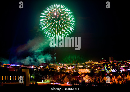 Reykjavik Culture Night is one of the most popular events in Iceland. Firework display over the capital finishing the event. Stock Photo
