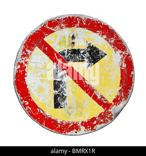 Old scratched no right turn road sign Stock Photo