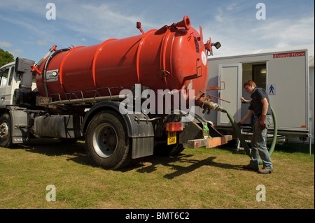 a man working emptyings mobile toilets at a festival, UK Stock Photo