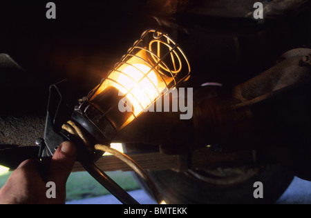 mechanic working underneath vehicle using inspection lamp Stock Photo