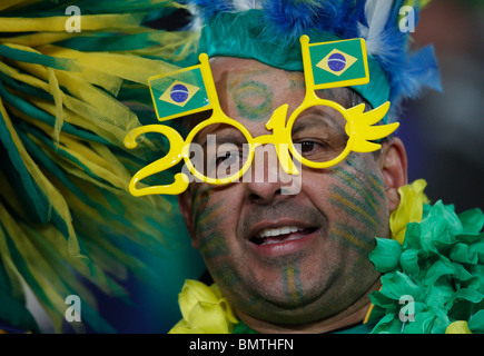 A Brazil supporter seen prior to the start of a 2010 FIFA World Cup football match between Brazil and North Korea June 15, 2010. Stock Photo