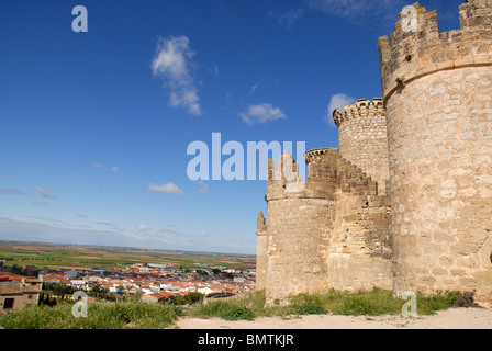 view to town and plains from Belmonte Castle, Belmonte, Cuenca Province, Castile-La Mancha, Spain Stock Photo