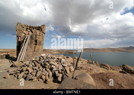 Sillustani. Pre-Incan burial ground on the shores of Lake Umayo near Puno, Peru. Stock Photo