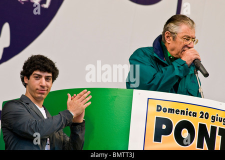 Renzo Bossi with father On. Umberto Bossi, Happening Lega Nord, Pontida, Bergamo province, Italy Stock Photo