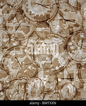time gone by brown sepia abstract of clocks and clockwork Stock Photo