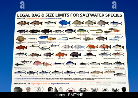 A sign displays some of the fish that can be caught off the the ...