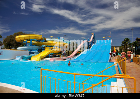 Waterslides, Aquamar Water Park, Platja d’en Bossa, Ibiza, Balearic Islands, Spain Stock Photo