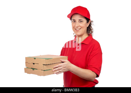 A pizza delivery woman holding three boxes. Isolated on white Stock Photo