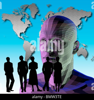 People looking at a Digital Man or Robot with Binary Numbers in front of a Map of the World Stock Photo