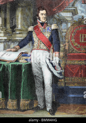 Portrait en pied de Louis Philippe 1er (1773-1850), King of the French  holding the charter of 1830. The three-colored flags behind the king bear  the
