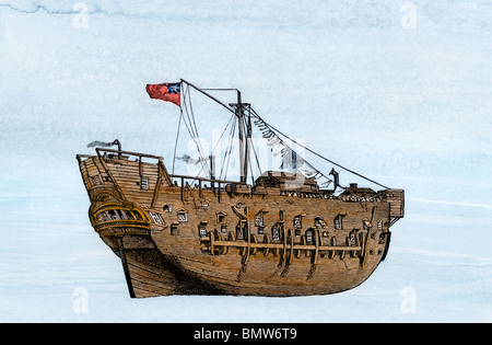 Captain James Cook's ship 'Discovery'. Hand-colored woodcut Stock Photo