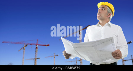 architect engineer plan construction cranes blue sky yellow hardhat Stock Photo