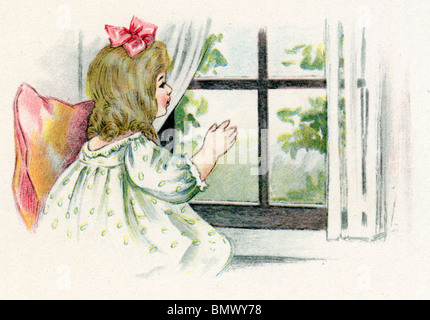 Little Girl Looking out fo the window Stock Photo