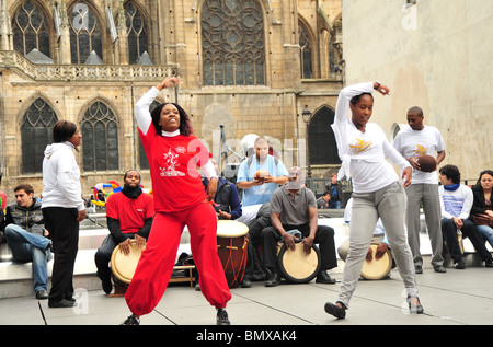 Fete de la Musique is a musical festival which takes place in France every year on 21 June. Black dance performers. Stock Photo