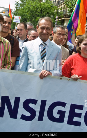 Paris, France, Large Crowd People, Public Events, Paris Mayor, Marching at the Gay Pride Parade, LGBT Celebration, Bertrand Delanoe, ex-French Mayor of City, Holding Banner, Socialist Stock Photo