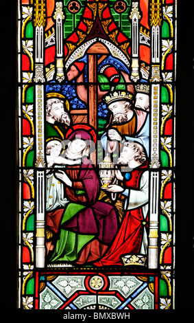 Three kings, gifts to baby Jesus, Stained Glass window in St Mary Magdalene Church, Geddington, Northamptonshire, England, UK Stock Photo